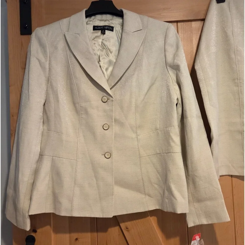 New! Albert Nipon Two Piece Light Green Skirt Set Suit Size 18W Sparkle 3 Button - Picture 2 of 16